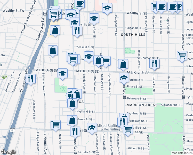 map of restaurants, bars, coffee shops, grocery stores, and more near 828 Jefferson Avenue Southeast in Grand Rapids