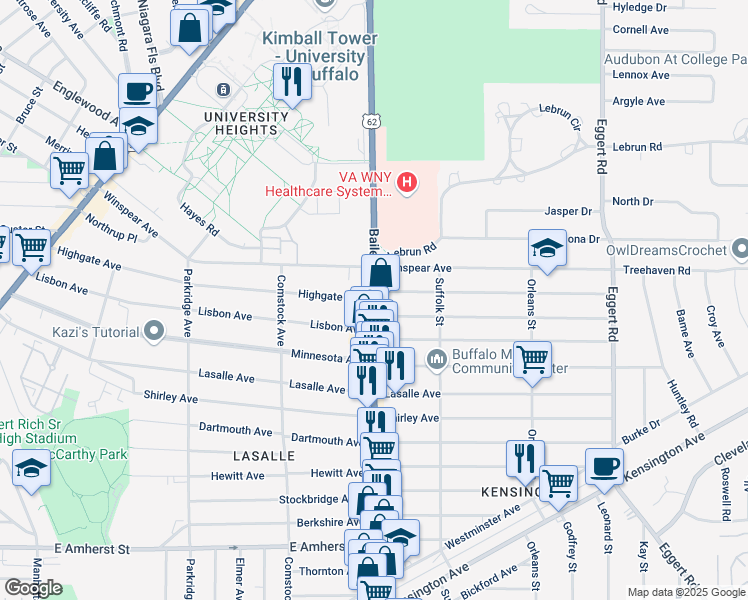 map of restaurants, bars, coffee shops, grocery stores, and more near Bailey Avenue & Highgate Avenue in Buffalo
