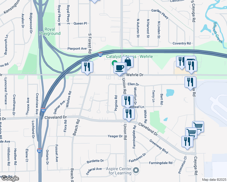 map of restaurants, bars, coffee shops, grocery stores, and more near 94 Virginia Road in Buffalo