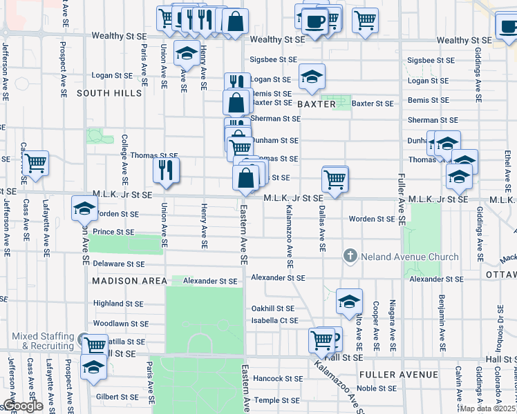 map of restaurants, bars, coffee shops, grocery stores, and more near 811 Geneva Avenue Southeast in Grand Rapids