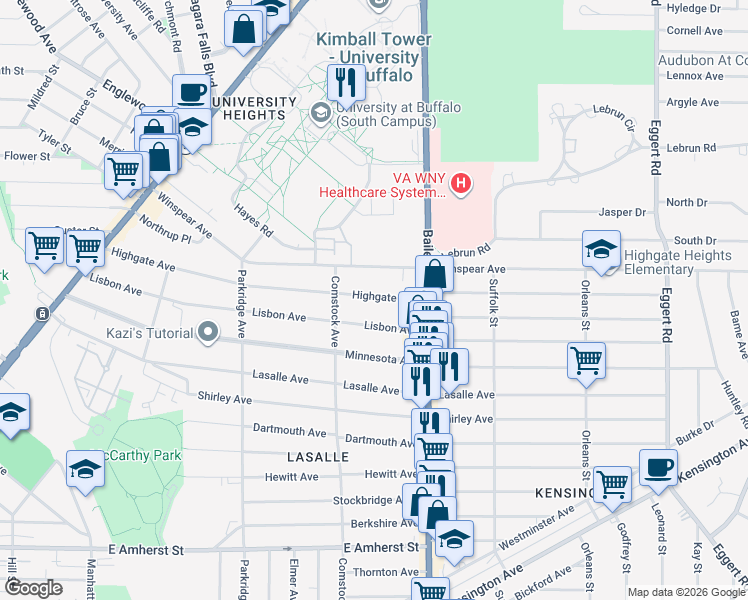 map of restaurants, bars, coffee shops, grocery stores, and more near 315 Highgate Avenue in Buffalo