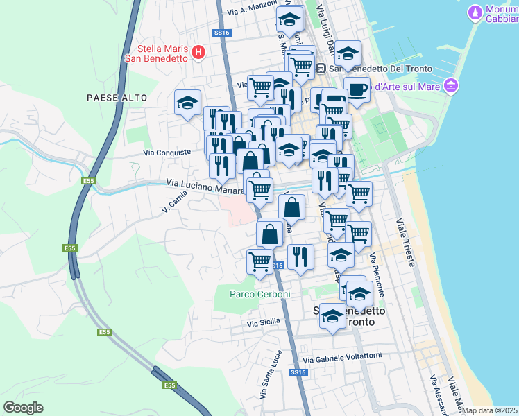map of restaurants, bars, coffee shops, grocery stores, and more near 19 Via Silvio Pellico in San Benedetto del Tronto