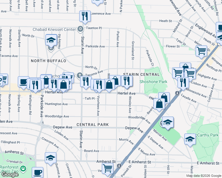 map of restaurants, bars, coffee shops, grocery stores, and more near 11 Winston Road in Buffalo