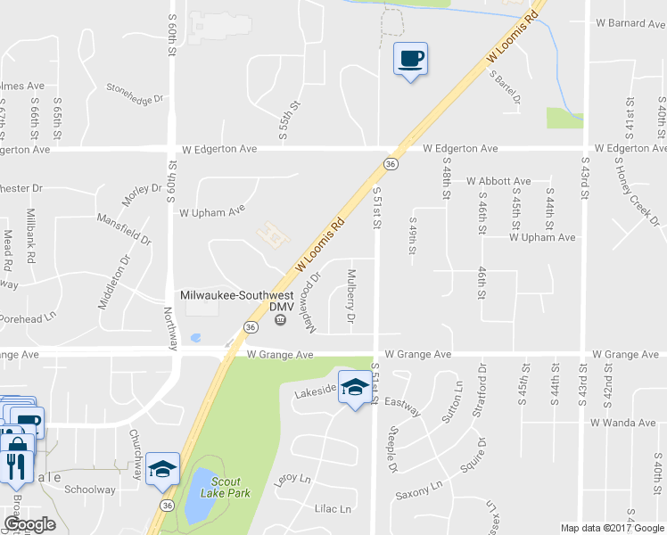 map of restaurants, bars, coffee shops, grocery stores, and more near 5128 Maplewood Drive in Greendale