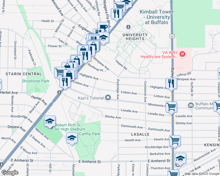 map of restaurants, bars, coffee shops, grocery stores, and more near 136 Lisbon Avenue in Buffalo