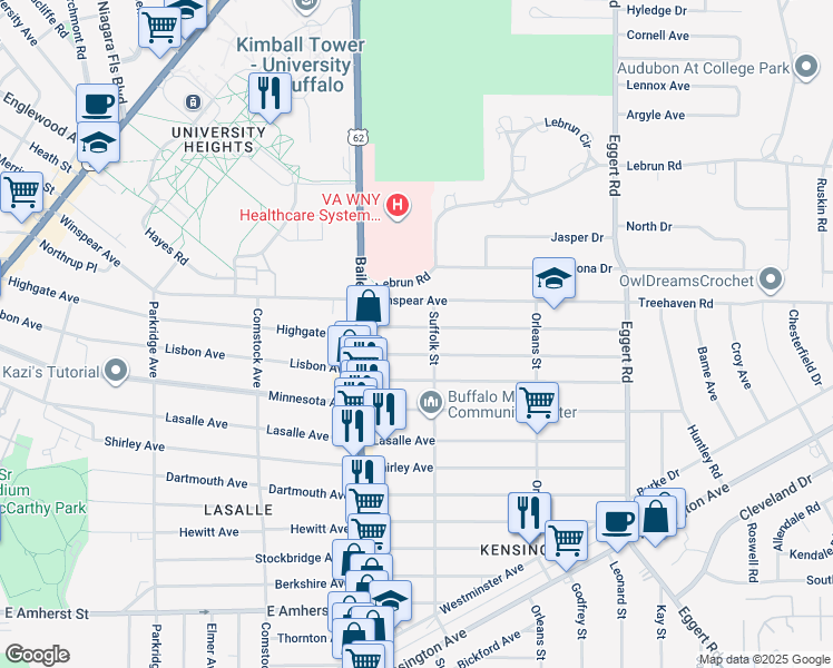 map of restaurants, bars, coffee shops, grocery stores, and more near 435 Highgate Avenue in Buffalo