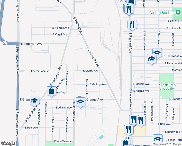 map of restaurants, bars, coffee shops, grocery stores, and more near 3321 East Morris Avenue in Cudahy