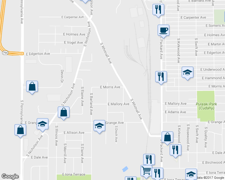map of restaurants, bars, coffee shops, grocery stores, and more near 3321 East Morris Avenue in Cudahy