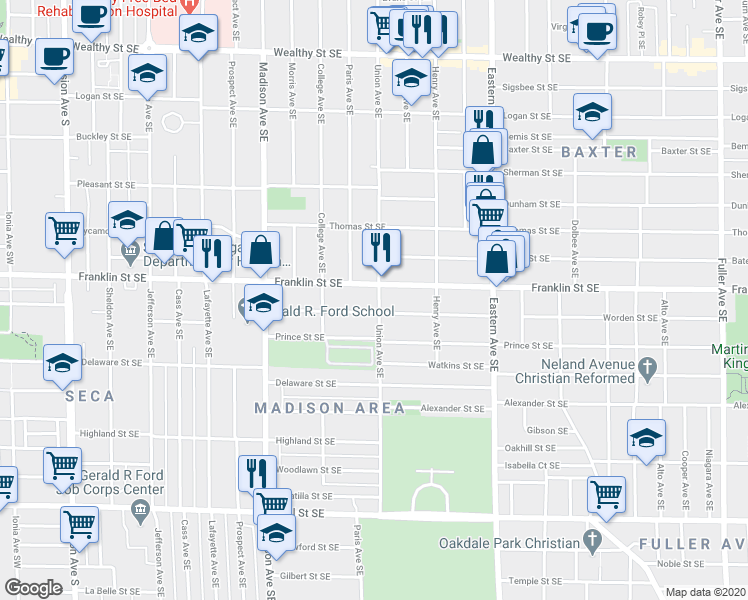 map of restaurants, bars, coffee shops, grocery stores, and more near 815 Union Avenue Southeast in Grand Rapids