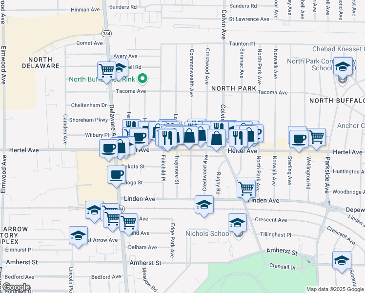 map of restaurants, bars, coffee shops, grocery stores, and more near 1232 Hertel Avenue in Buffalo