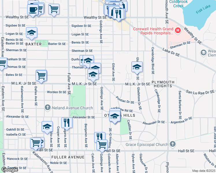 map of restaurants, bars, coffee shops, grocery stores, and more near 1415 Pontiac Road Southeast in Grand Rapids