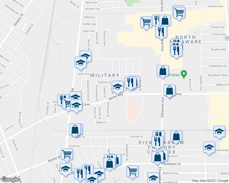 map of restaurants, bars, coffee shops, grocery stores, and more near 17 Page Street in Buffalo