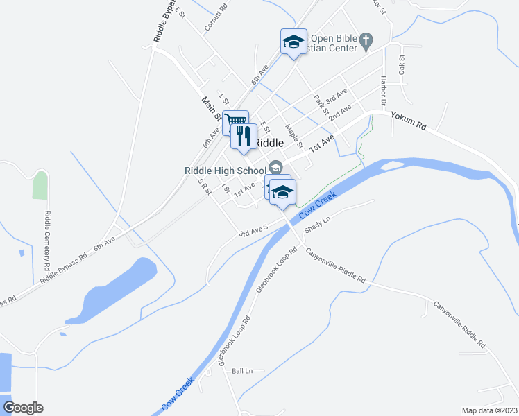 map of restaurants, bars, coffee shops, grocery stores, and more near 212 D Street in Riddle