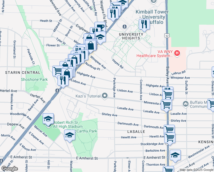 map of restaurants, bars, coffee shops, grocery stores, and more near 136 Lisbon Avenue in Buffalo