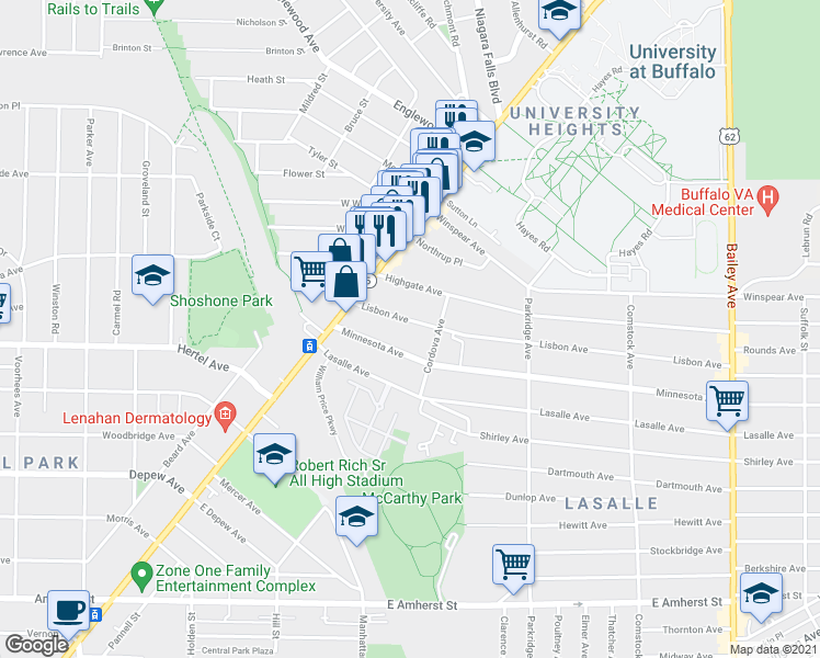 map of restaurants, bars, coffee shops, grocery stores, and more near 55 Lisbon Avenue in Buffalo