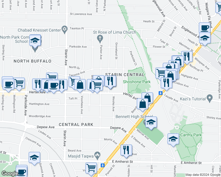 map of restaurants, bars, coffee shops, grocery stores, and more near 17 Carmel Road in Buffalo