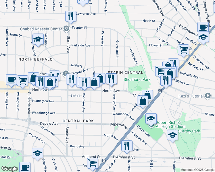map of restaurants, bars, coffee shops, grocery stores, and more near 315 Parker Avenue in Buffalo