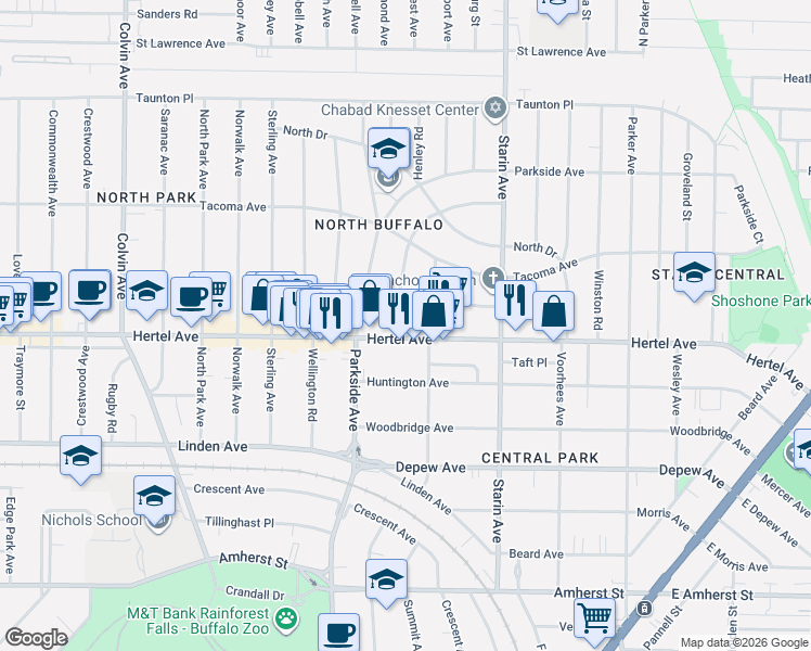 map of restaurants, bars, coffee shops, grocery stores, and more near in Buffalo