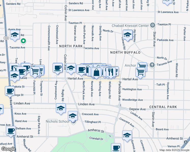 map of restaurants, bars, coffee shops, grocery stores, and more near 1472 Hertel Avenue in Buffalo