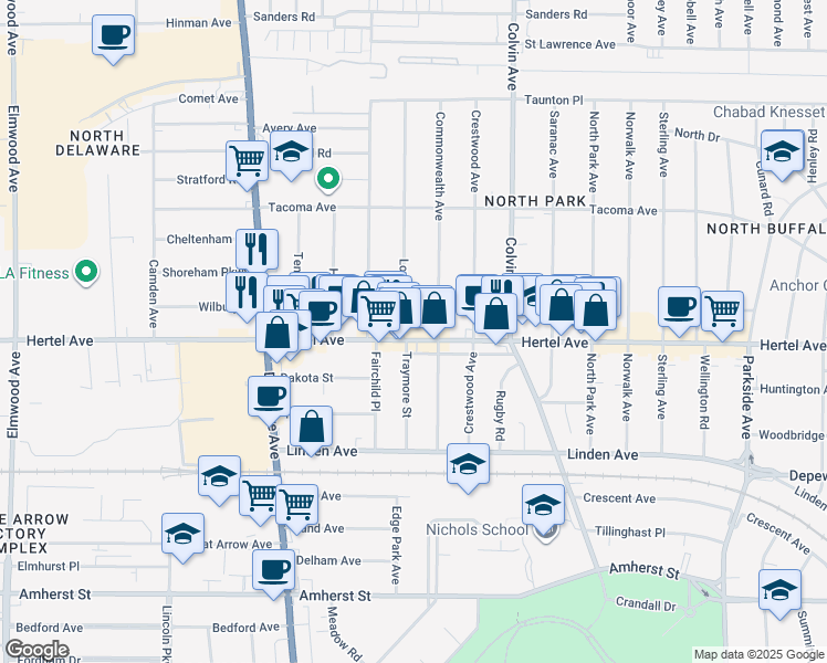 map of restaurants, bars, coffee shops, grocery stores, and more near in Buffalo