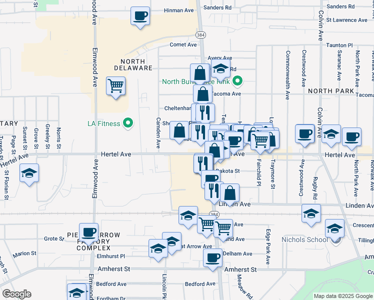 map of restaurants, bars, coffee shops, grocery stores, and more near 1038 Hertel Avenue in Buffalo