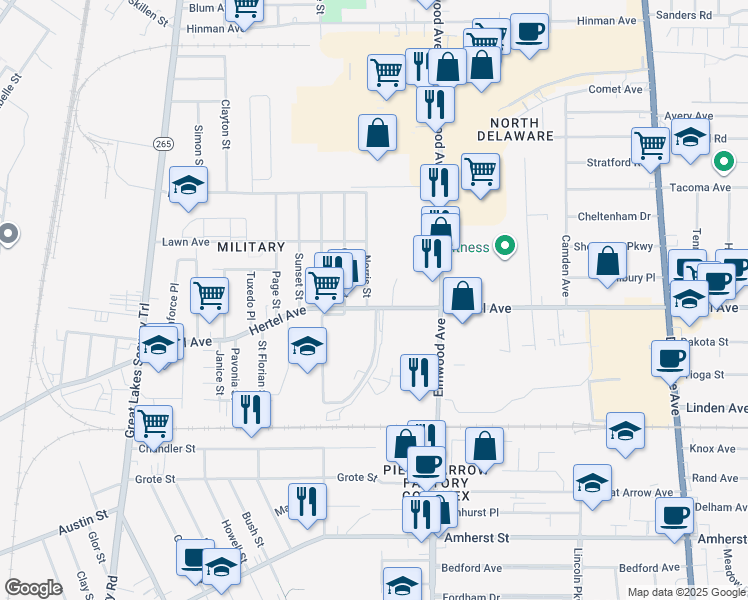 map of restaurants, bars, coffee shops, grocery stores, and more near 742 Hertel Avenue in Buffalo