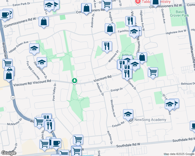 map of restaurants, bars, coffee shops, grocery stores, and more near 105 Andover Drive in London