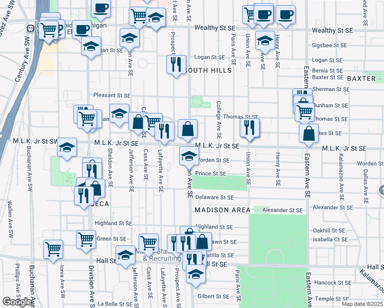 map of restaurants, bars, coffee shops, grocery stores, and more near 816 Madison Avenue Southeast in Grand Rapids