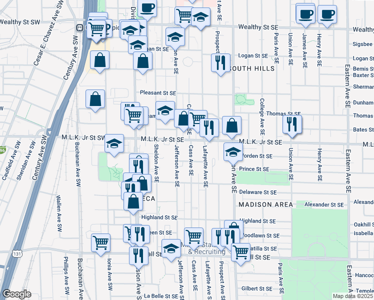 map of restaurants, bars, coffee shops, grocery stores, and more near in Grand Rapids