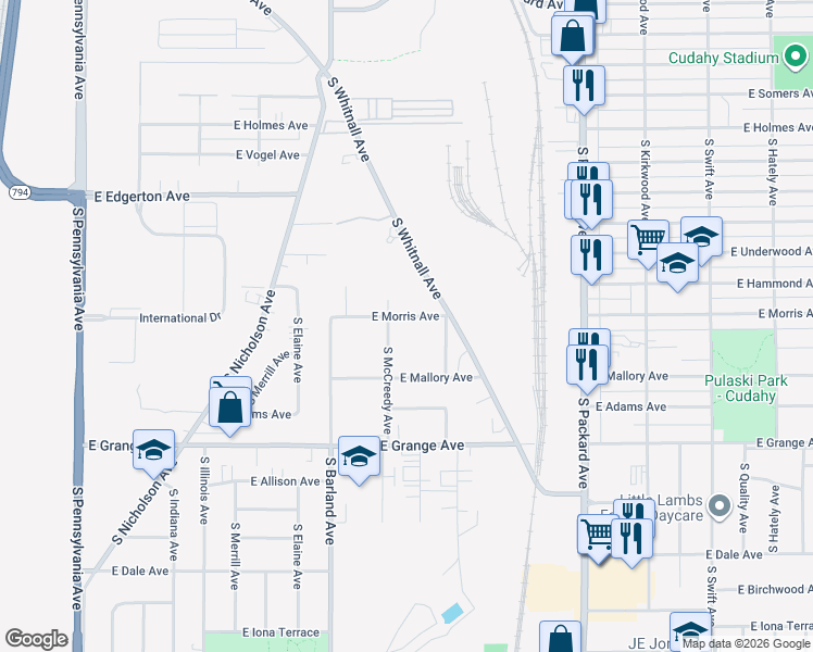 map of restaurants, bars, coffee shops, grocery stores, and more near 3321 East Morris Avenue in Cudahy