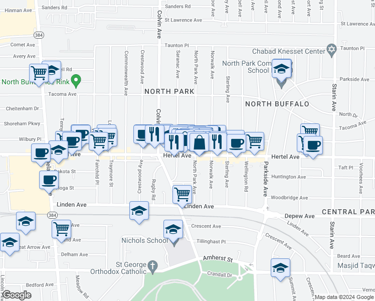 map of restaurants, bars, coffee shops, grocery stores, and more near 1396 Hertel Avenue in Buffalo