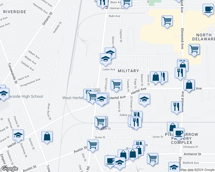 map of restaurants, bars, coffee shops, grocery stores, and more near 47 Laforce Place in Buffalo