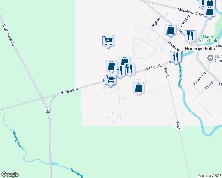 map of restaurants, bars, coffee shops, grocery stores, and more near 166 West Main Street in Honeoye Falls