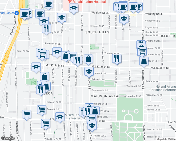 map of restaurants, bars, coffee shops, grocery stores, and more near 815 Madison Avenue Southeast in Grand Rapids