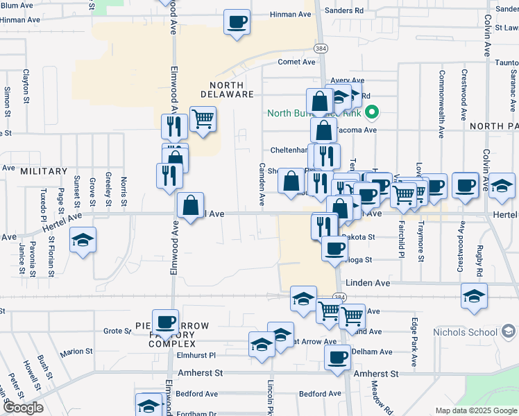 map of restaurants, bars, coffee shops, grocery stores, and more near 952 Hertel Avenue in Buffalo