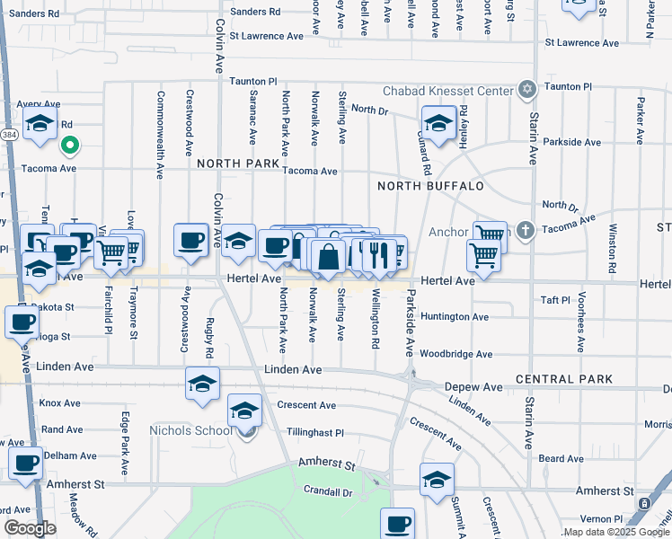 map of restaurants, bars, coffee shops, grocery stores, and more near 1484 Hertel Avenue in Buffalo