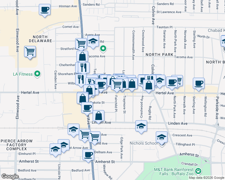 map of restaurants, bars, coffee shops, grocery stores, and more near in Buffalo