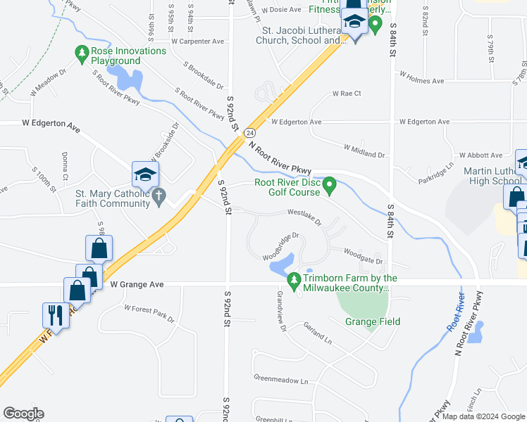 map of restaurants, bars, coffee shops, grocery stores, and more near 9044 Westlake Drive in Greendale