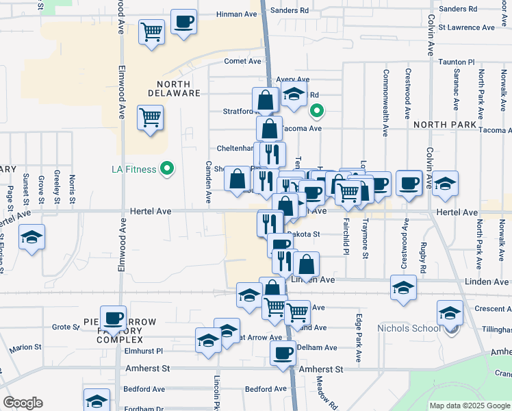 map of restaurants, bars, coffee shops, grocery stores, and more near 1038 Hertel Avenue in Buffalo