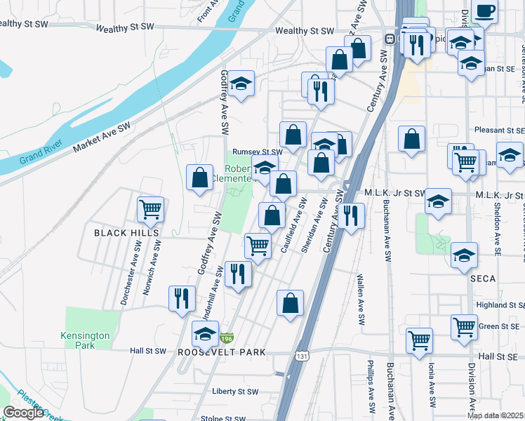 map of restaurants, bars, coffee shops, grocery stores, and more near 830 Oakland Avenue Southwest in Grand Rapids