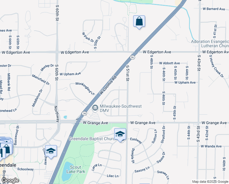 map of restaurants, bars, coffee shops, grocery stores, and more near 5128 Maplewood Drive in Greendale