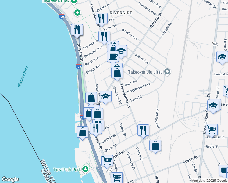 map of restaurants, bars, coffee shops, grocery stores, and more near 56 Sandrock Road in Buffalo