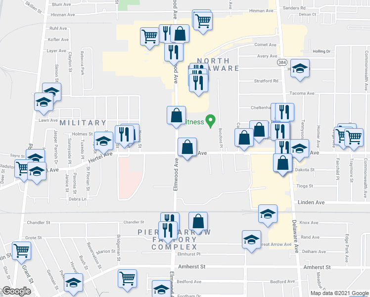map of restaurants, bars, coffee shops, grocery stores, and more near 830 Hertel Avenue in Buffalo