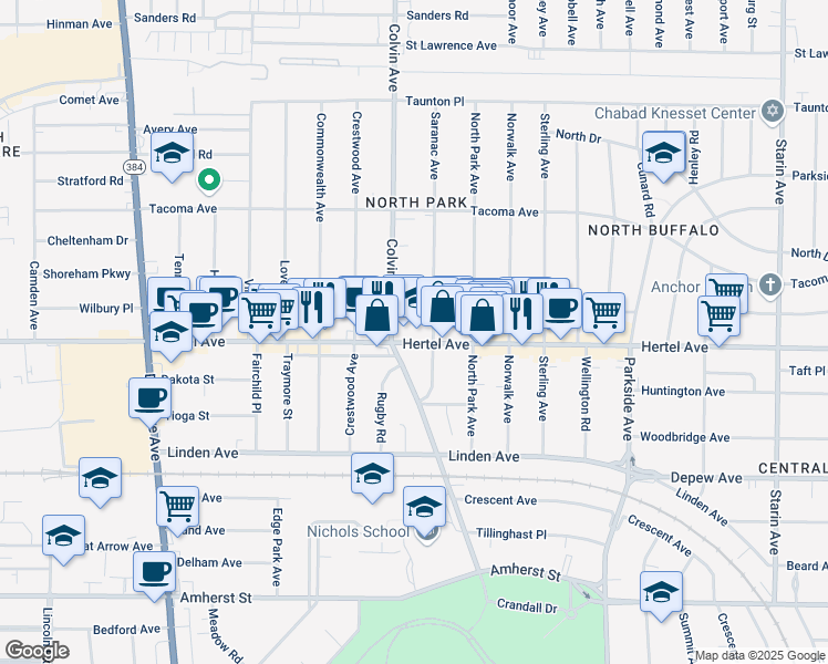 map of restaurants, bars, coffee shops, grocery stores, and more near 1350 Hertel Avenue in Buffalo