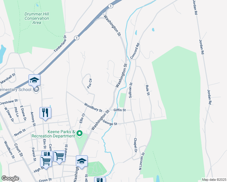 map of restaurants, bars, coffee shops, grocery stores, and more near 520 Washington Street in Keene