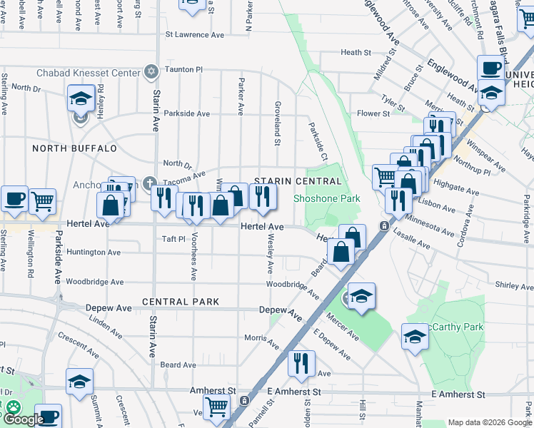 map of restaurants, bars, coffee shops, grocery stores, and more near 17 Carmel Road in Buffalo