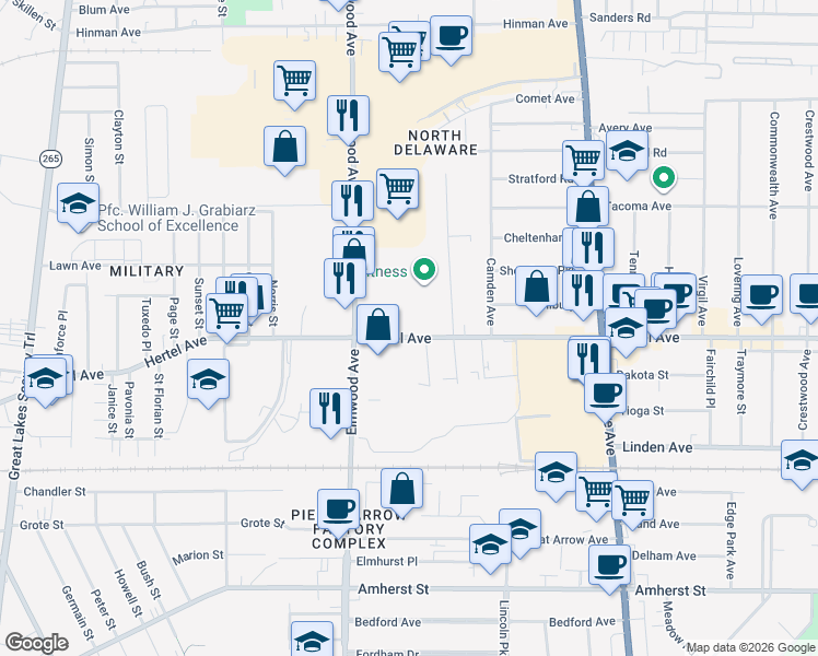 map of restaurants, bars, coffee shops, grocery stores, and more near 878 Hertel Avenue in Buffalo