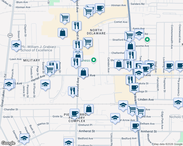 map of restaurants, bars, coffee shops, grocery stores, and more near 878 Hertel Avenue in Buffalo
