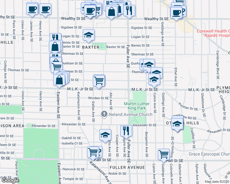 map of restaurants, bars, coffee shops, grocery stores, and more near 1122 Franklin Street Southeast in Grand Rapids