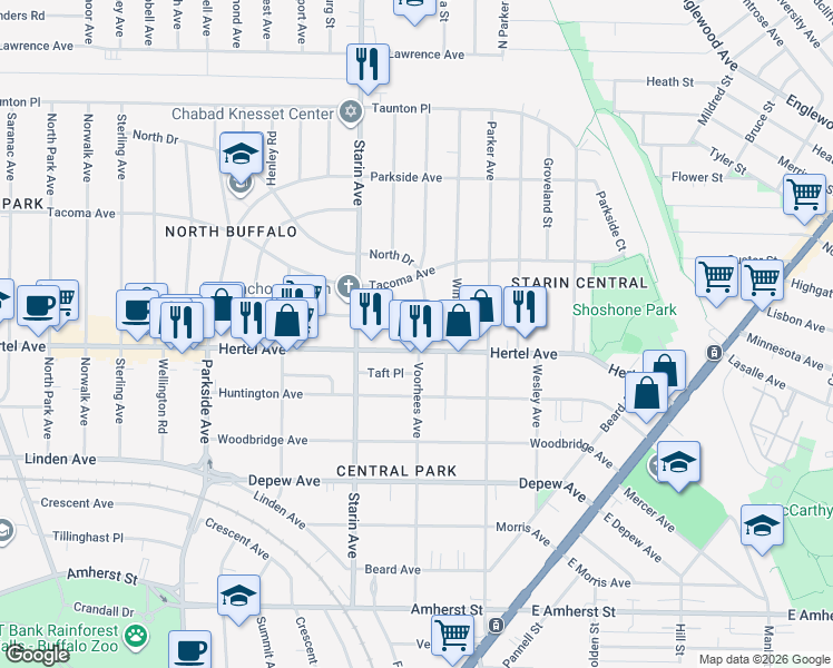 map of restaurants, bars, coffee shops, grocery stores, and more near 272 Voorhees Avenue in Buffalo